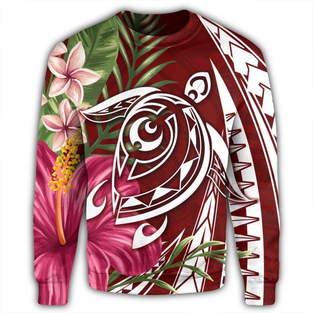 Hawaii Polynesian Turtle Tropical Hibiscus Plumeria Sweatshirt - Red - AH - Polynesian Pride