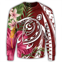 Hawaii Polynesian Turtle Tropical Hibiscus Plumeria Sweatshirt - Red - AH - Polynesian Pride