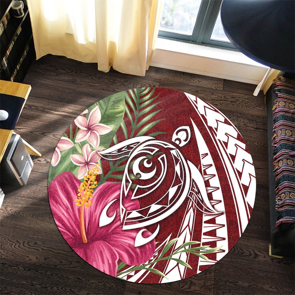 Hawaii Polynesian Turtle Tropical Hibiscus Plumeria Round Carpet - Red - AH - Polynesian Pride