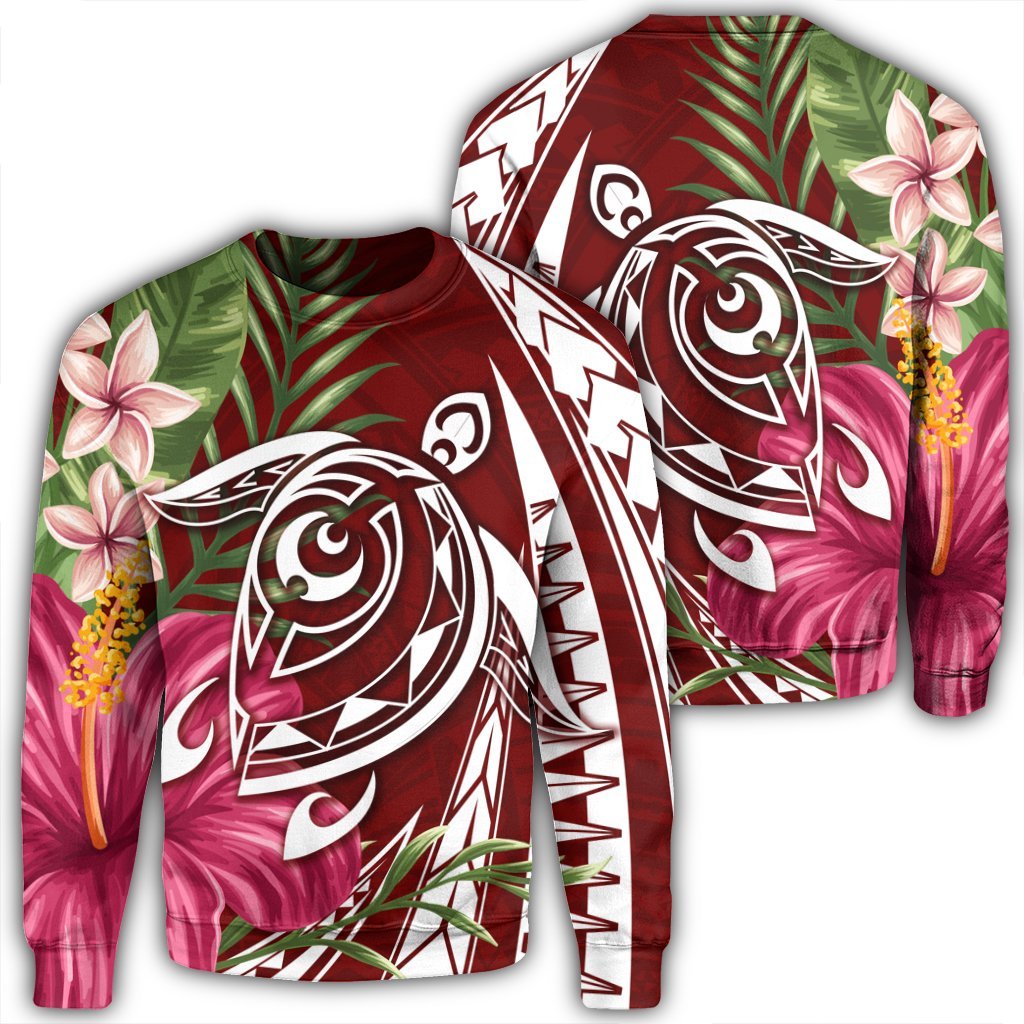Hawaii Polynesian Turtle Tropical Hibiscus Plumeria Sweatshirt - Red - AH Unisex Black - Polynesian Pride