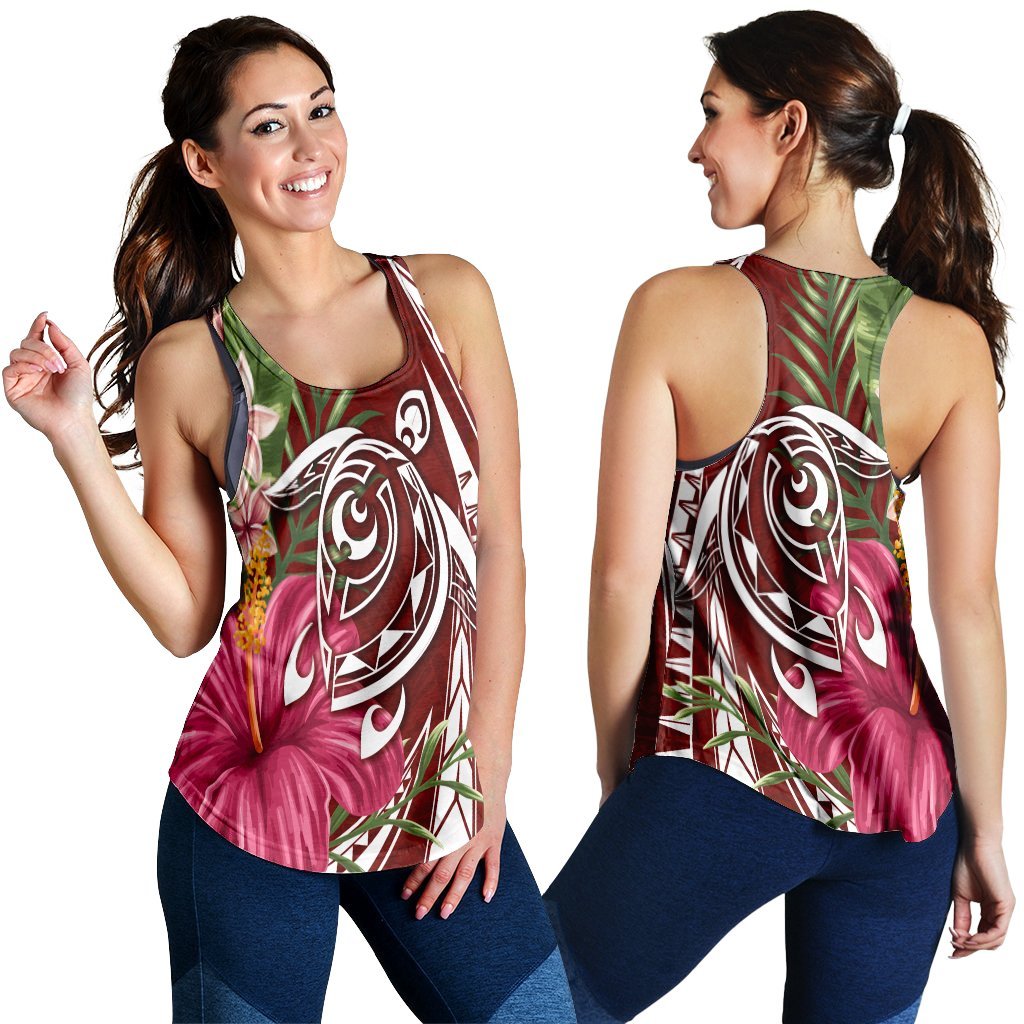 Hawaii Polynesian Turtle Tropical Hibiscus Plumeria Racerback Tank - Red - AH Black - Polynesian Pride