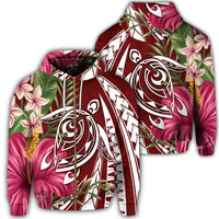 Hawaii Zip Hoodie Polynesian Turtle Tropical Hibiscus Plumeria Red Unisex Art - Polynesian Pride
