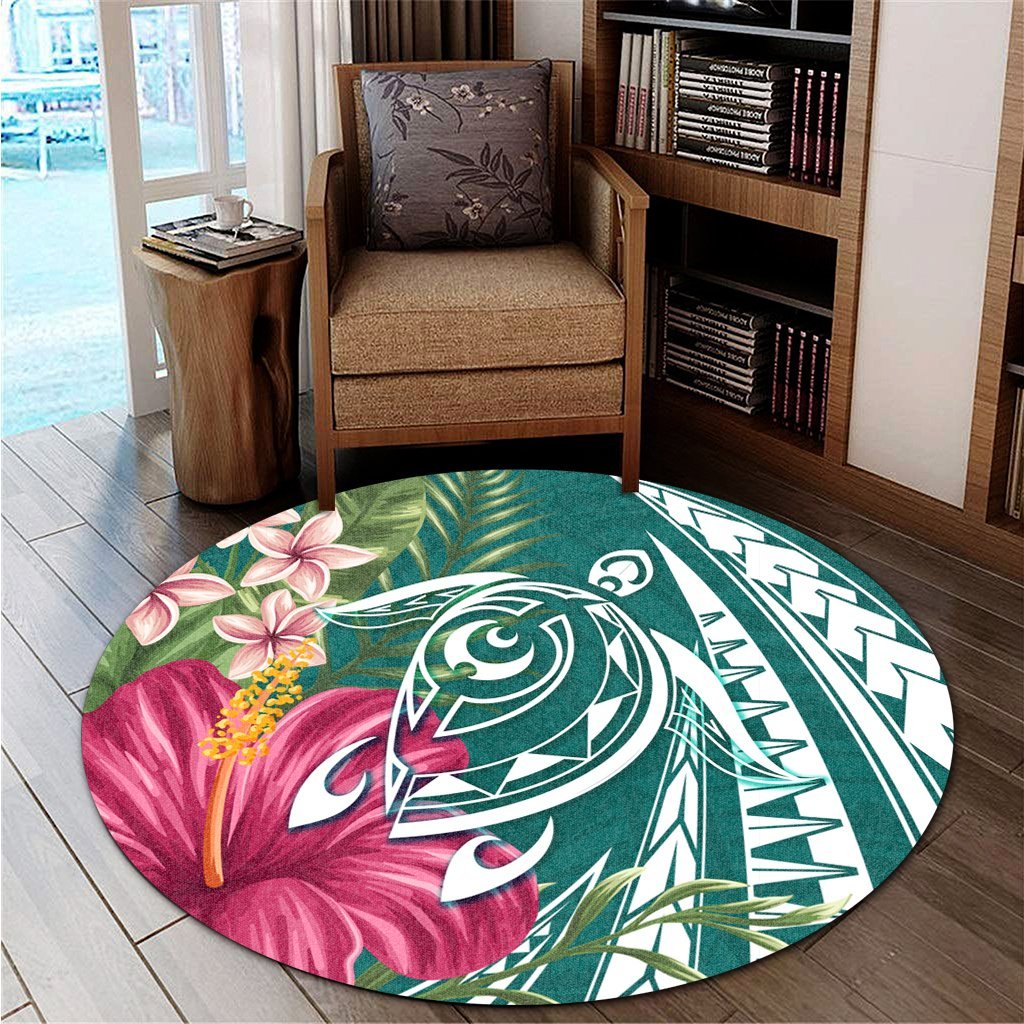 Hawaii Polynesian Turtle Tropical Hibiscus Plumeria Round Carpet - Turquoise - AH - Polynesian Pride