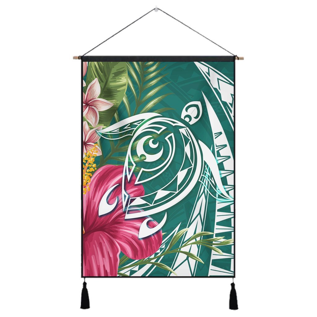 Hawaii Polynesian Turtle Tropical Hibiscus Plumeria Hanging Poster - Turquoise - AH Hanging Poster Cotton And Linen - Polynesian Pride