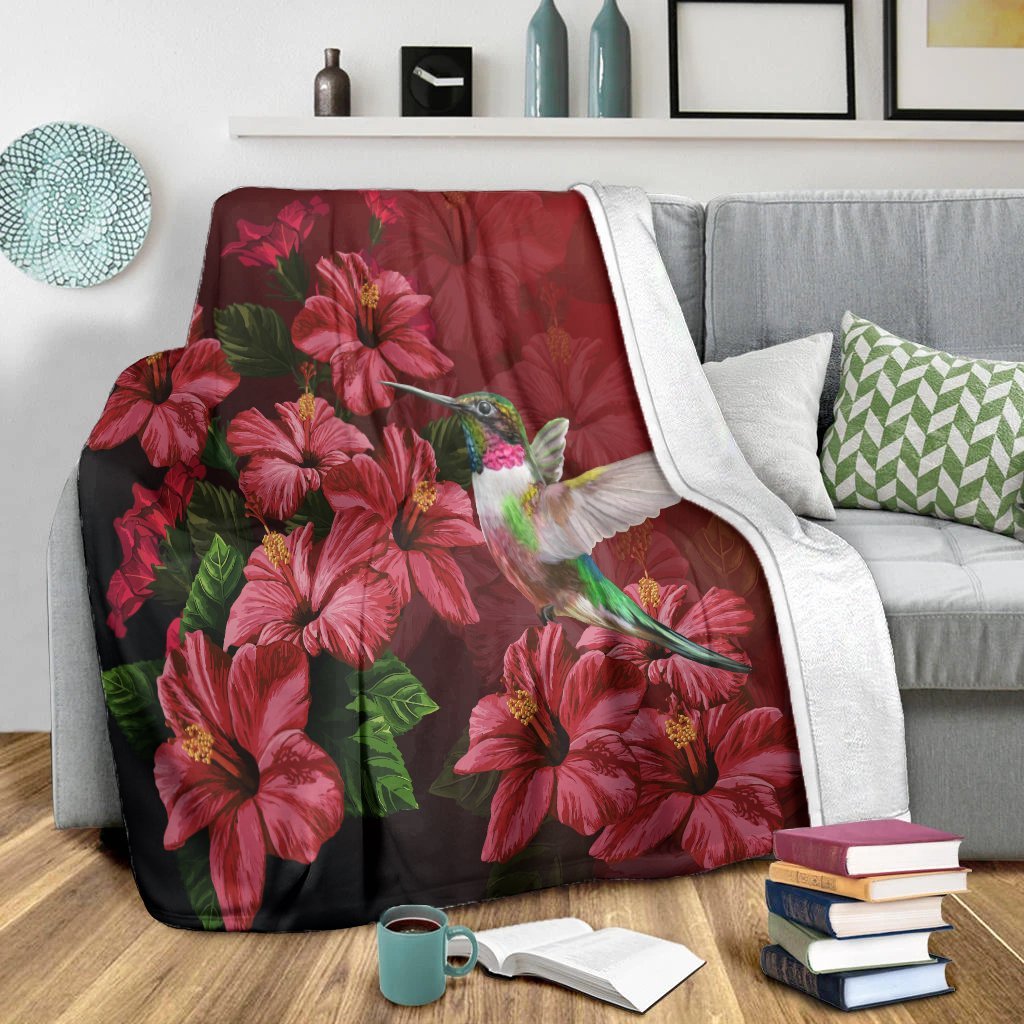 Hawaii Red Hibiscus Humming Bird Premium Blankets - AH - Polynesian Pride