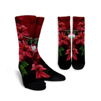 Hawaii Red Hibiscus Humming Bird Crew Socks - AH Crew Socks White - Polynesian Pride