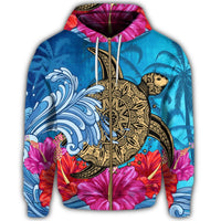 Hawaii Sea Turtle Hibiscus Coconut Tree Zip Hoodie - Polynesian Pride