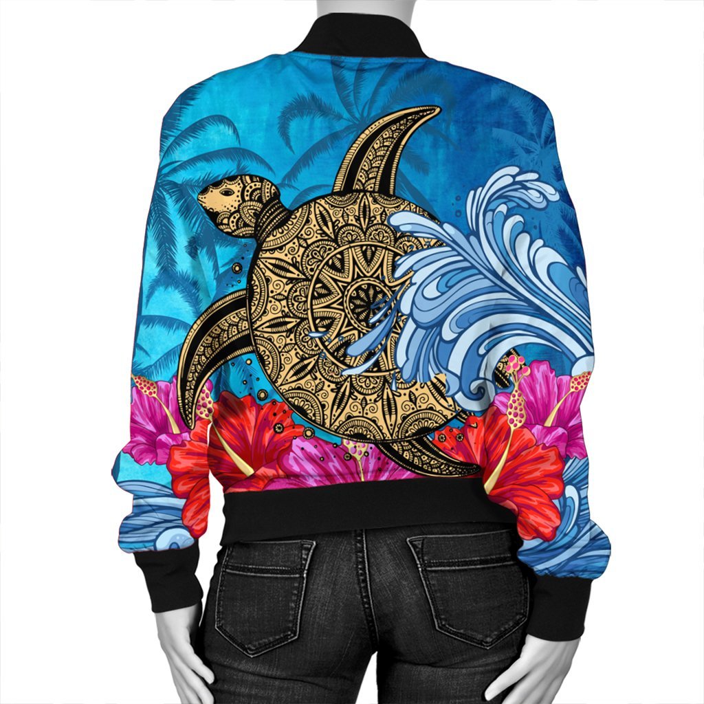 Hawaii Sea Turtle Hibiscus Coconut Tree Bomber Jacket - AH - Polynesian Pride