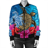 Hawaii Sea Turtle Hibiscus Coconut Tree Bomber Jacket - AH - Polynesian Pride