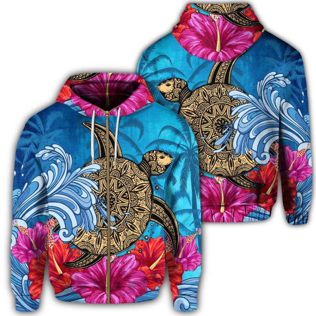 Hawaii Sea Turtle Hibiscus Coconut Tree Zip Hoodie Unisex Art - Polynesian Pride