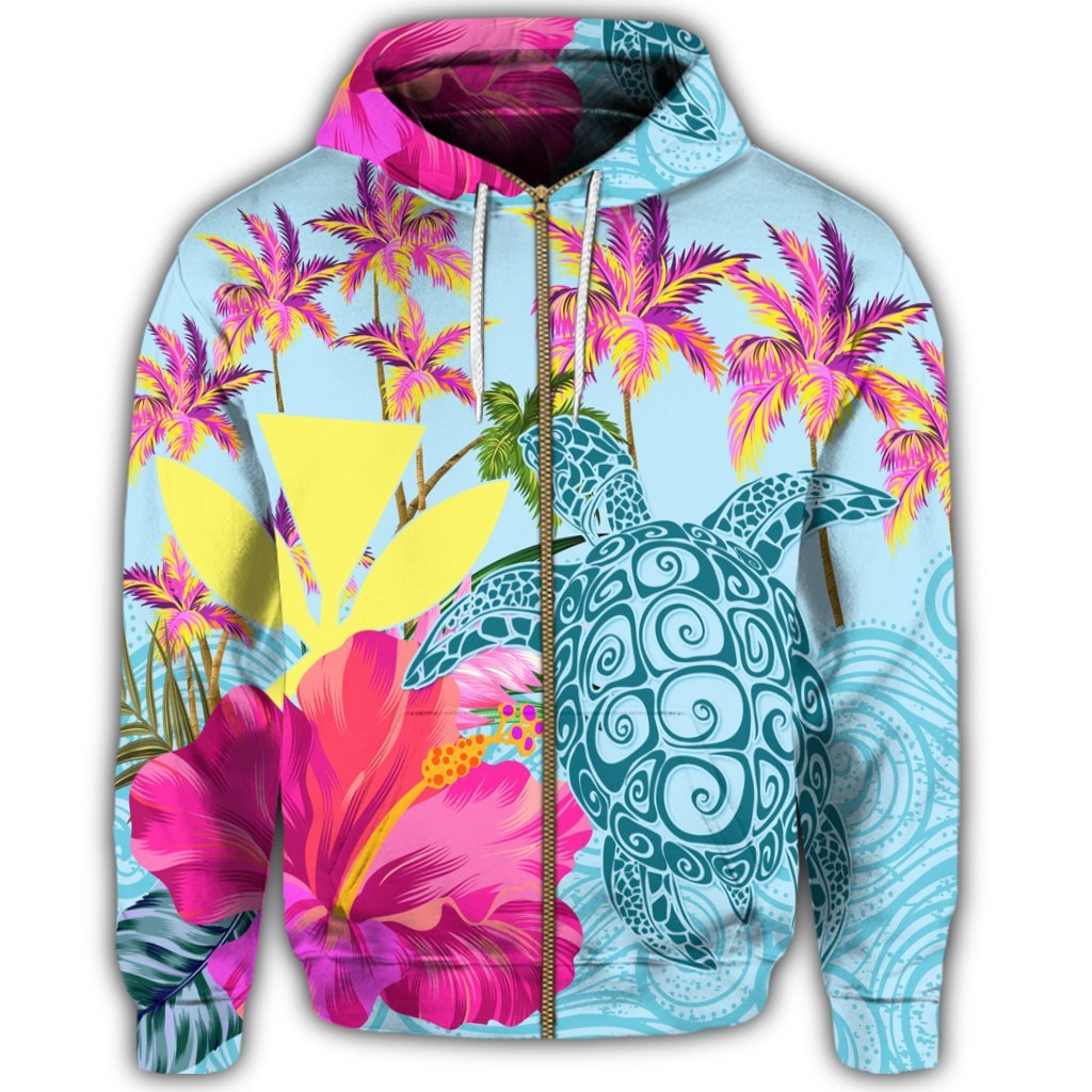 Hawaii Sea Turtle Hibiscus Kanaka Zip Hoodie - Polynesian Pride