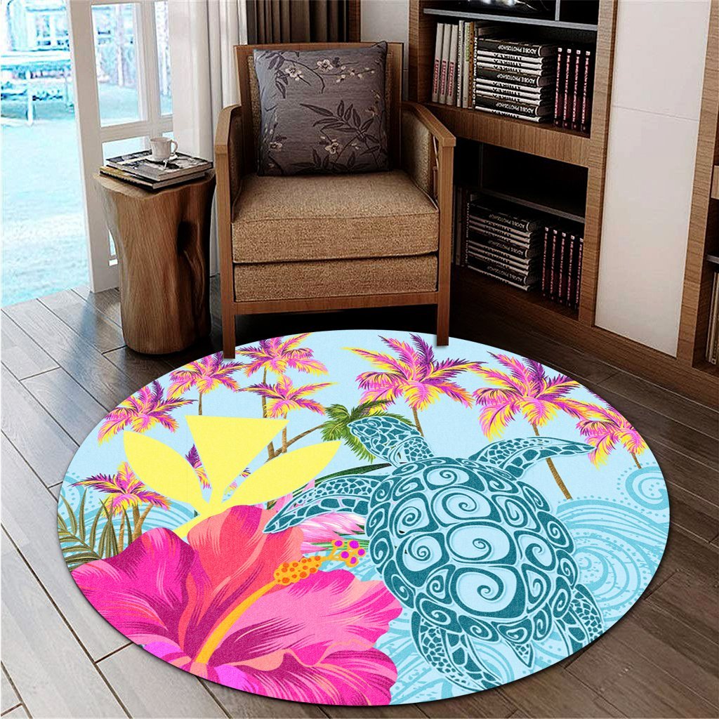 Hawaii Sea Turtle Hibiscus Kanaka Round Carpet - AH - Polynesian Pride