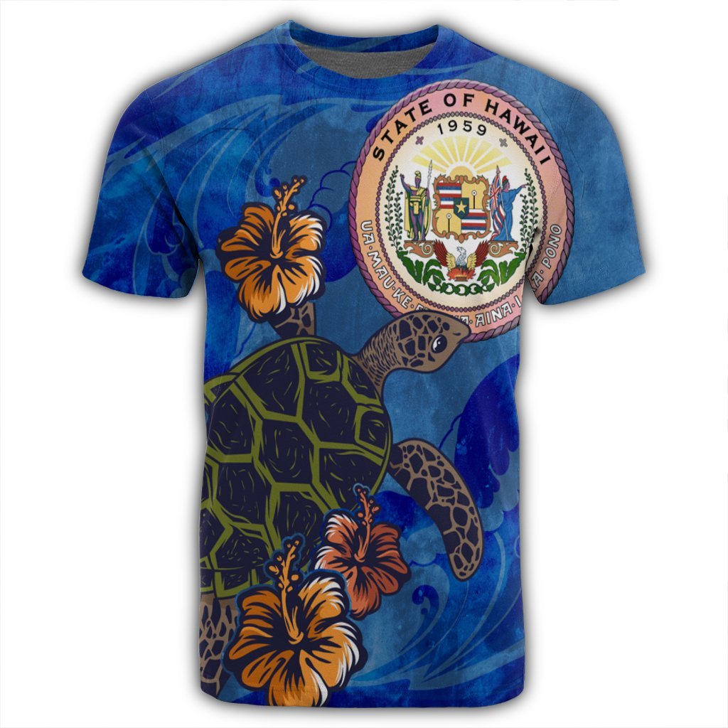Hawaii Seal of Hawaii Hibiscus Ocean Turtle Polynesian T Shirt - Polynesian Pride