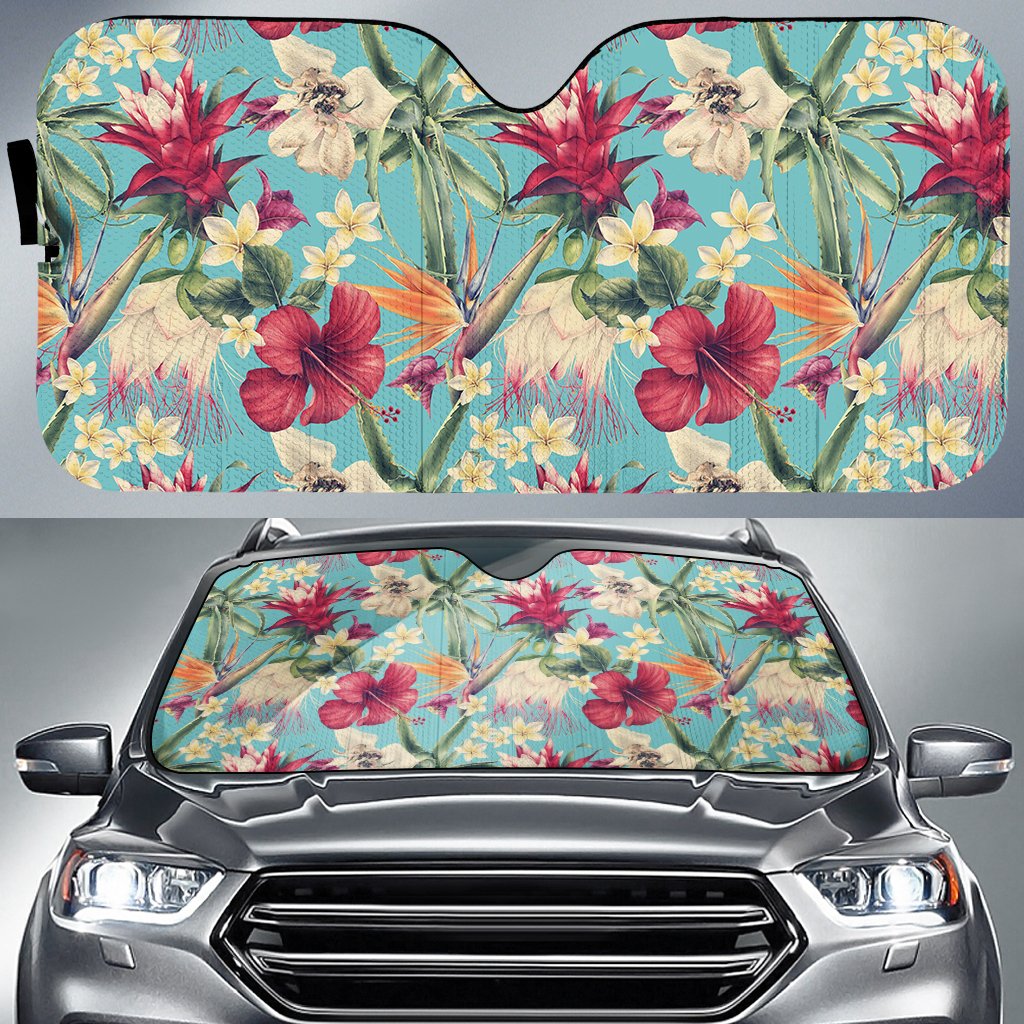 Hawaii Seamless Floral Pattern With Tropical Hibiscus, Watercolor Hawaii Car Sun Shade Auto Sun Shade Universal Fit White - Polynesian Pride