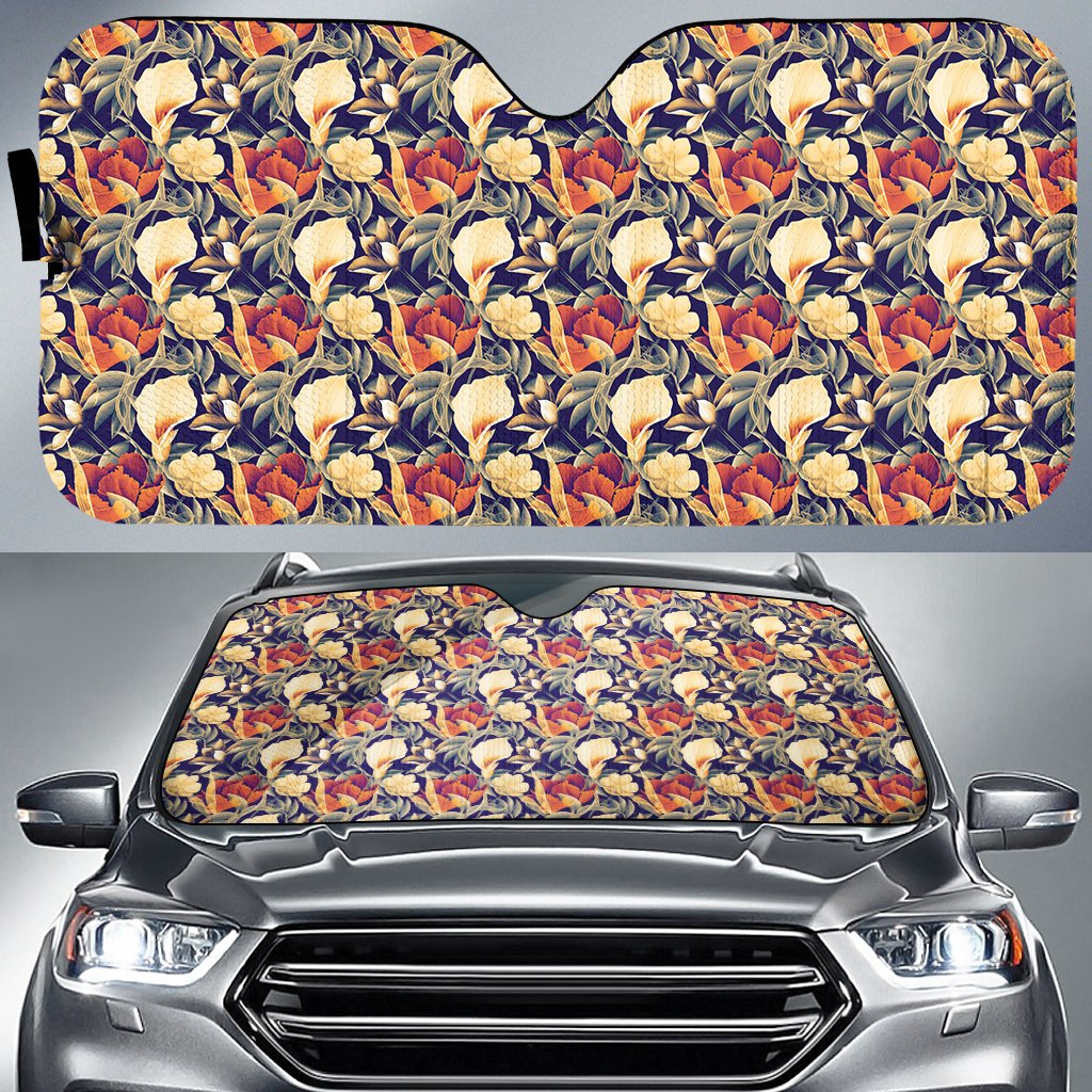 Hawaii Seamless Tropical Flower Plant And Leaf Pattern Background Hawaii Car Sun Shade Auto Sun Shade Universal Fit White - Polynesian Pride