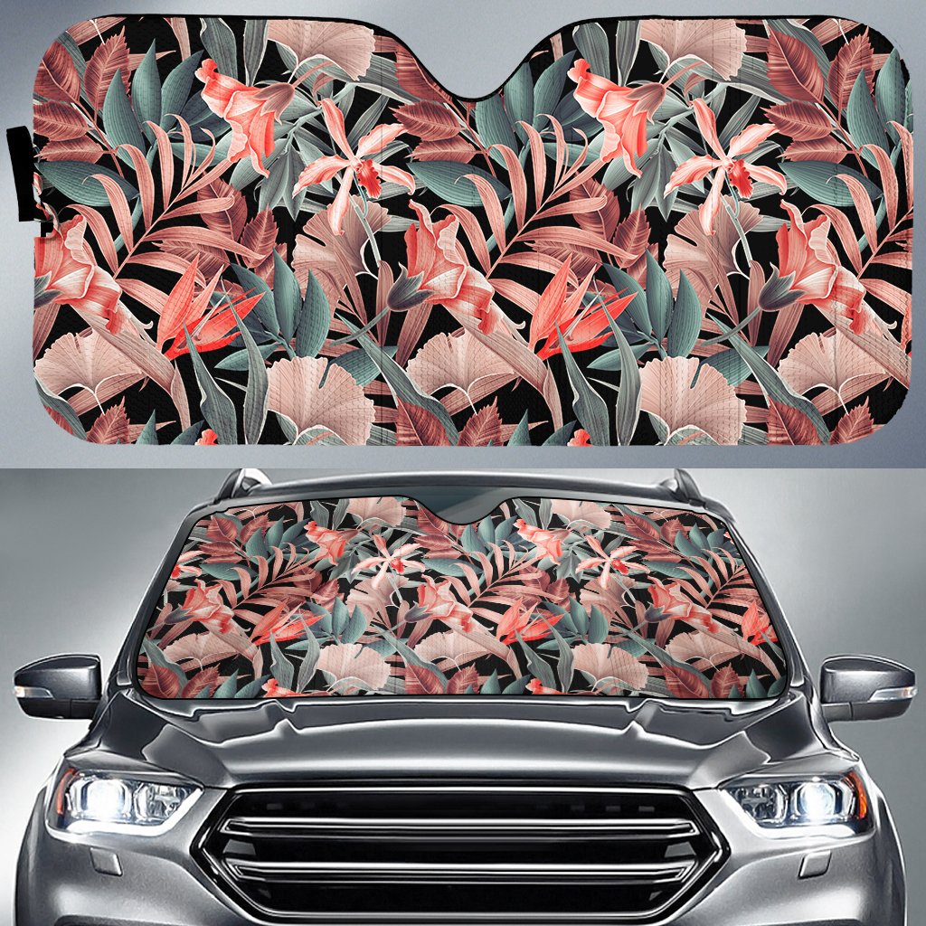 Hawaii Seamless Tropical Flower Plant Leaf Pattern Background Retro Botanical Style Hawaii Car Sun Shade Auto Sun Shade Universal Fit White - Polynesian Pride