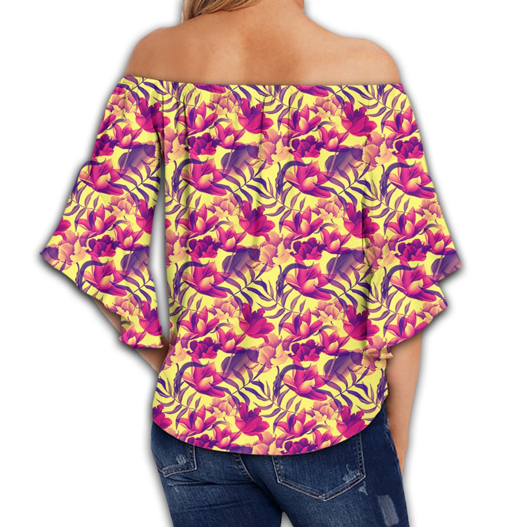 Hawaii Seamless Tropical Flower Plant Pattern Background Women's Off Shoulder Wrap Waist Top - AH - Polynesian Pride