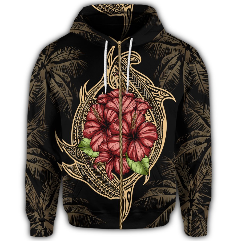 Hawaii Shark Hibiscus Gold Zip Hoodie - Polynesian Pride
