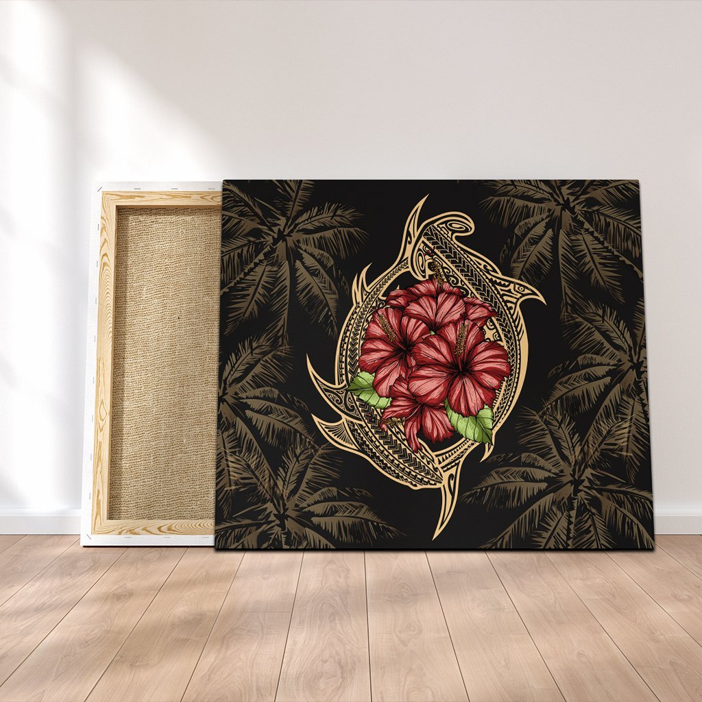 Hawaii Shark Hibiscus Gold Canvas - AH Canvas Poly-cotton - Polynesian Pride