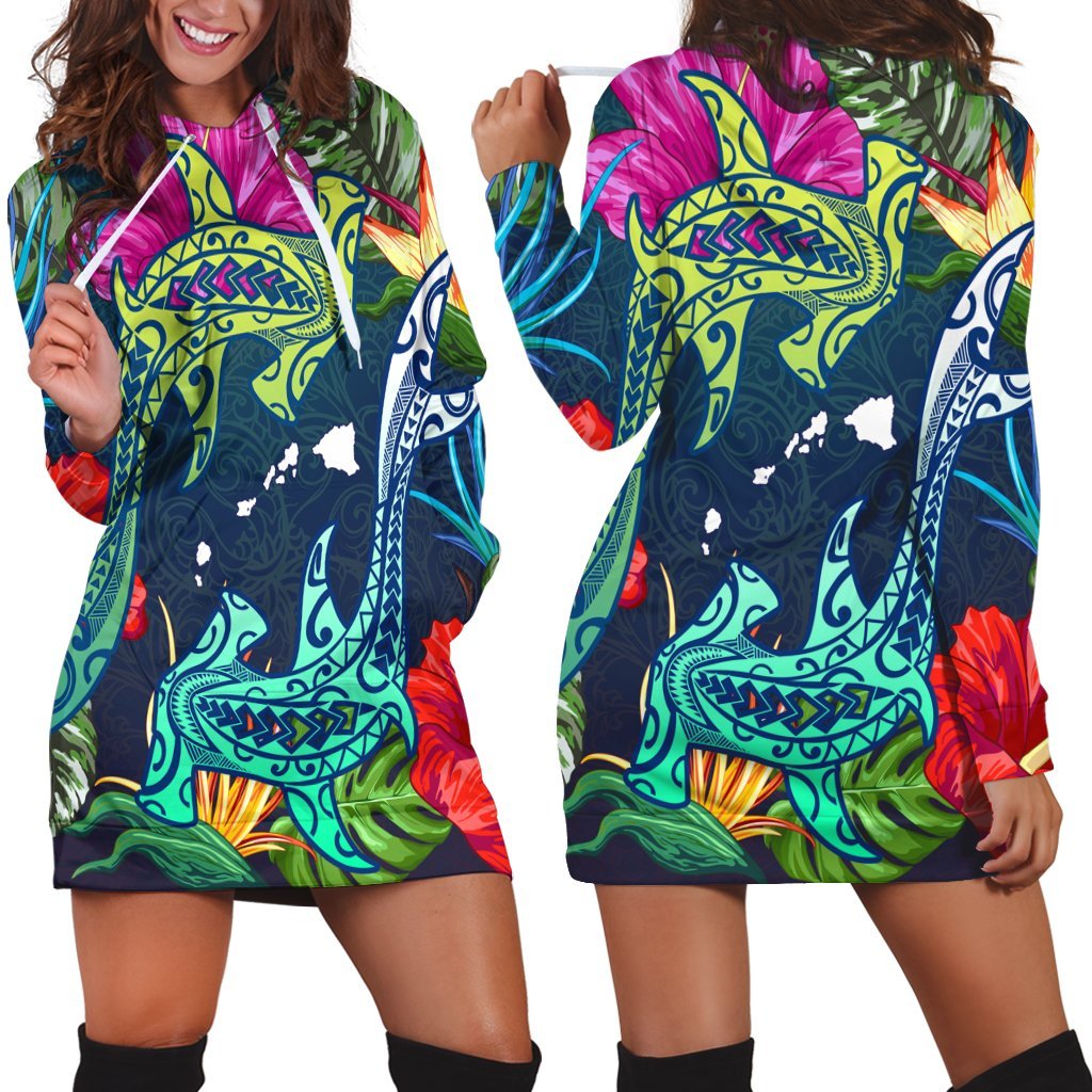 Hawaii Shark Tropical Color Hoodie Dress - AH Black - Polynesian Pride