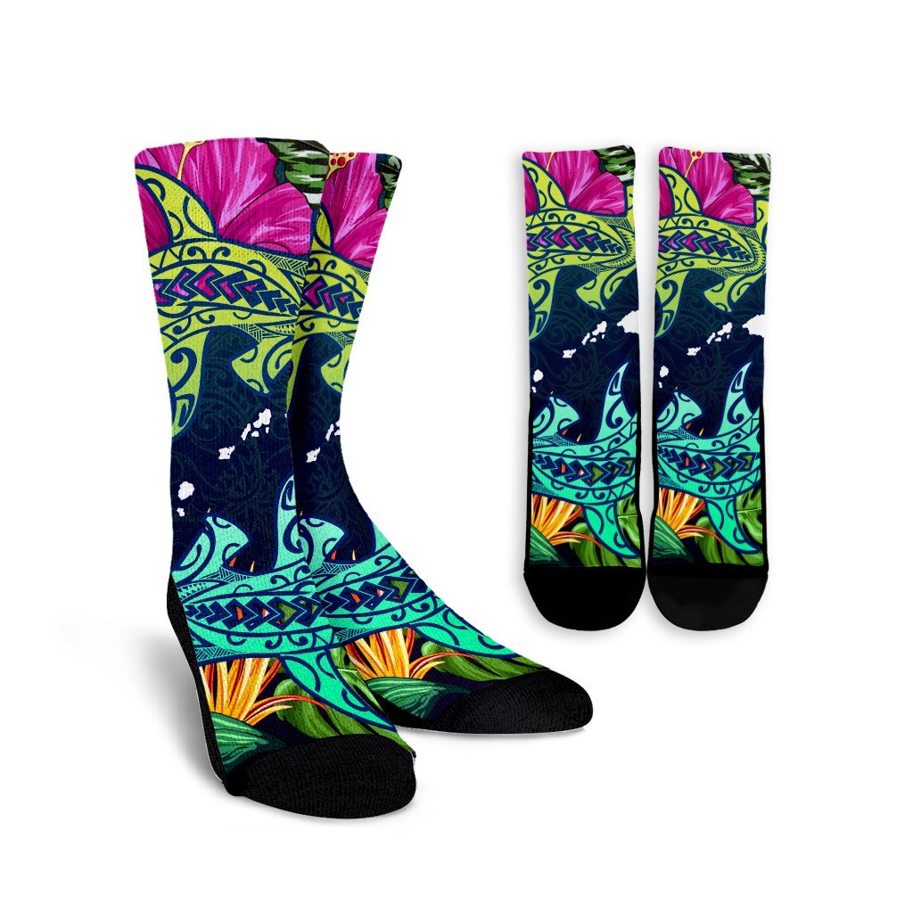 Hawaii Shark Tropical Color Crew Socks - AH Crew Socks White - Polynesian Pride