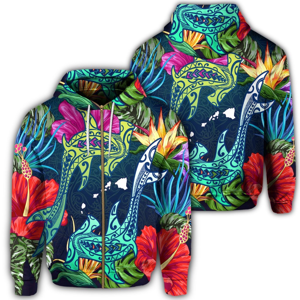 Hawaii Shark Tropical Color Zip Hoodie Unisex Art - Polynesian Pride