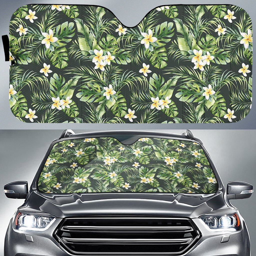 Hawaii Summer Plumerias Flowers Palm Tree Monstera Leaves. Hawaii Car Sun Shade Auto Sun Shade Universal Fit White - Polynesian Pride