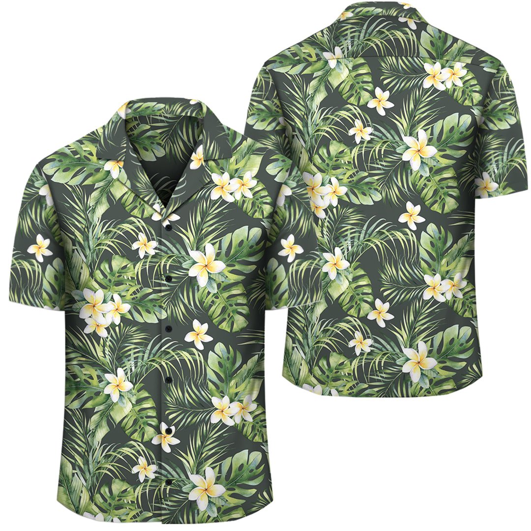 Hawaii Summer Plumerias Flowers Palm Tree Monstera Leaves Hawaiian Shirt Unisex Black - Polynesian Pride
