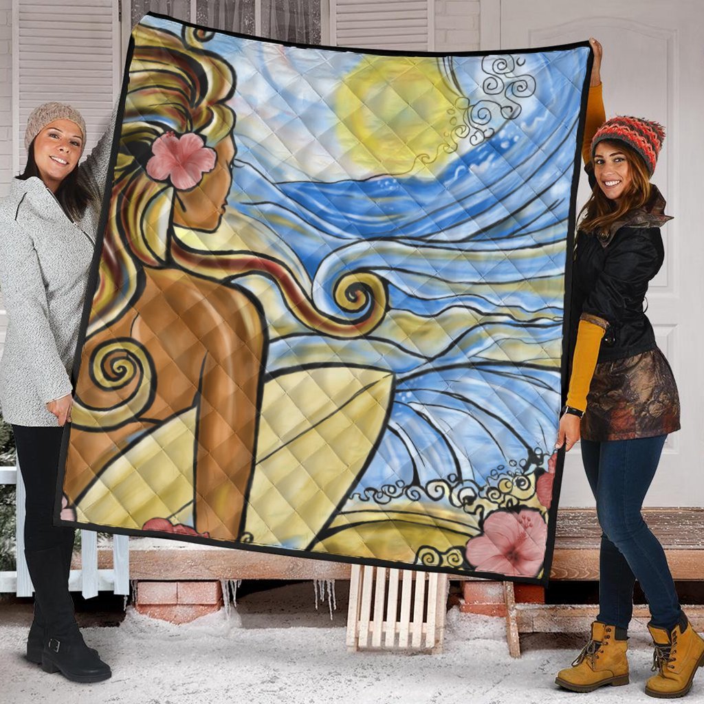 Hawaii The Girl Surfing Wave Premium Quilts - AH - Polynesian Pride