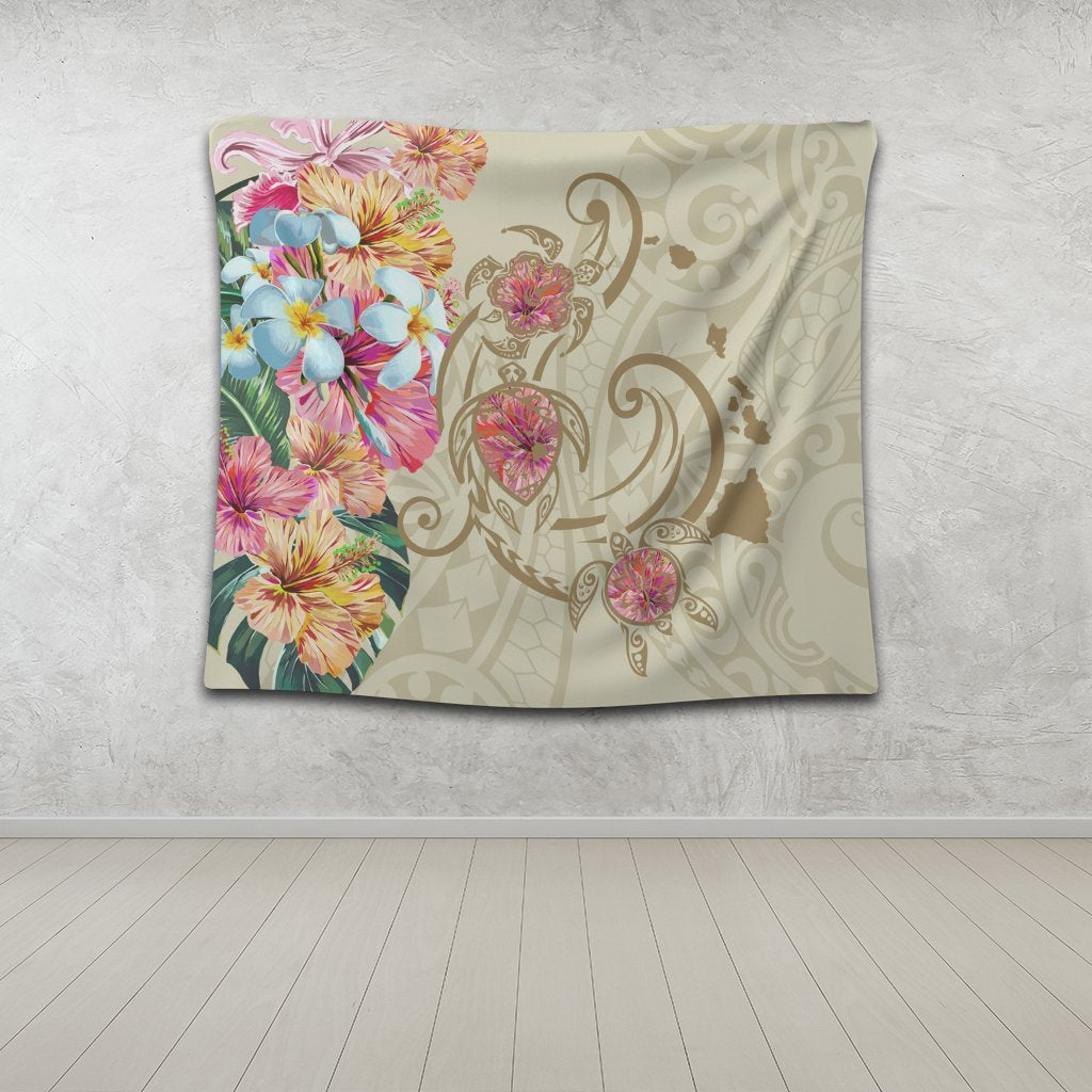 Hawaii Triple Marble Turtle Polynesian Hibiscus Tapestry - AH - Benjamin Style - Beige - Polynesian Pride