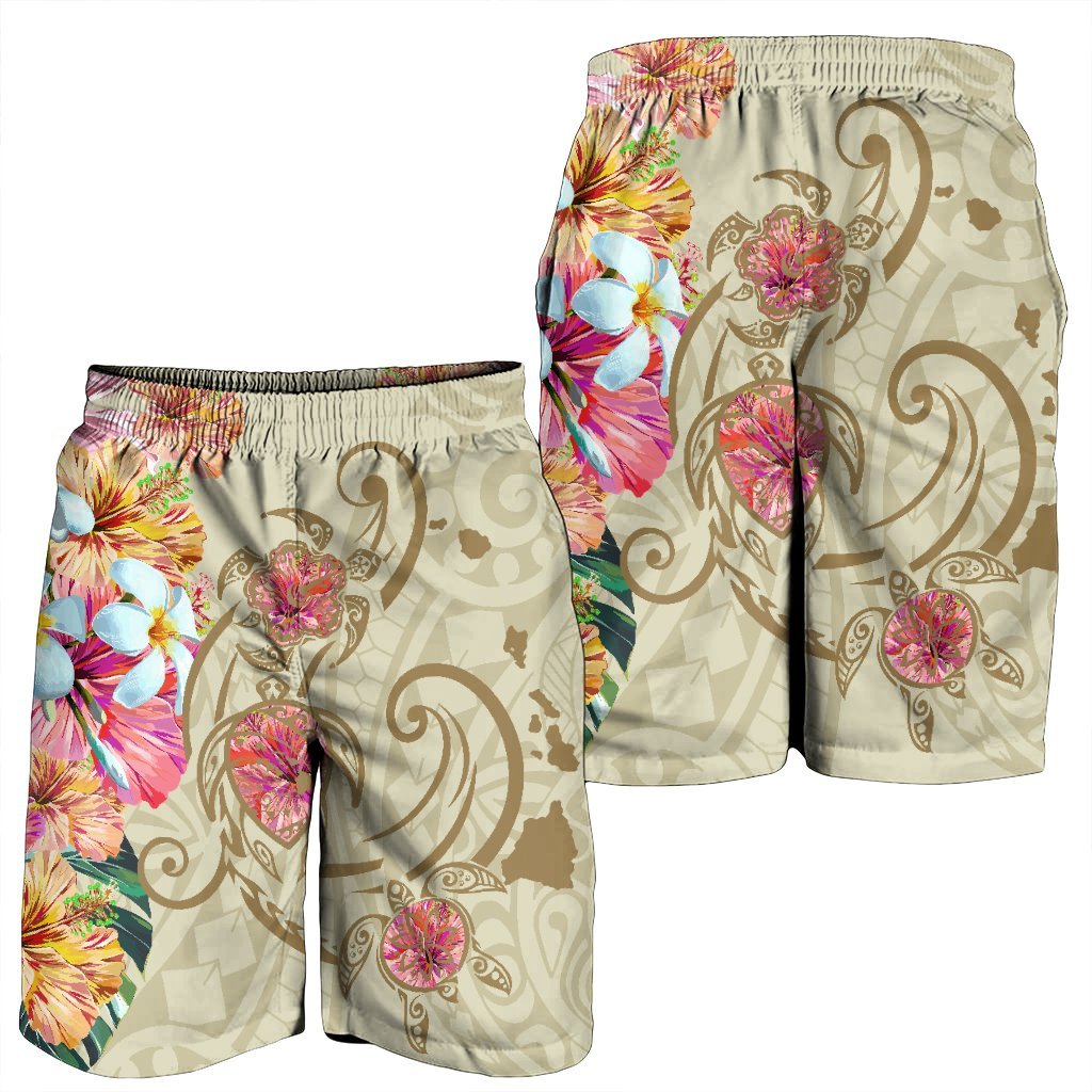 Hawaii Triple Marble Turtle Polynesian Hibiscus Men's Shorts - AH - Benjamin Style - Beige - Polynesian Pride