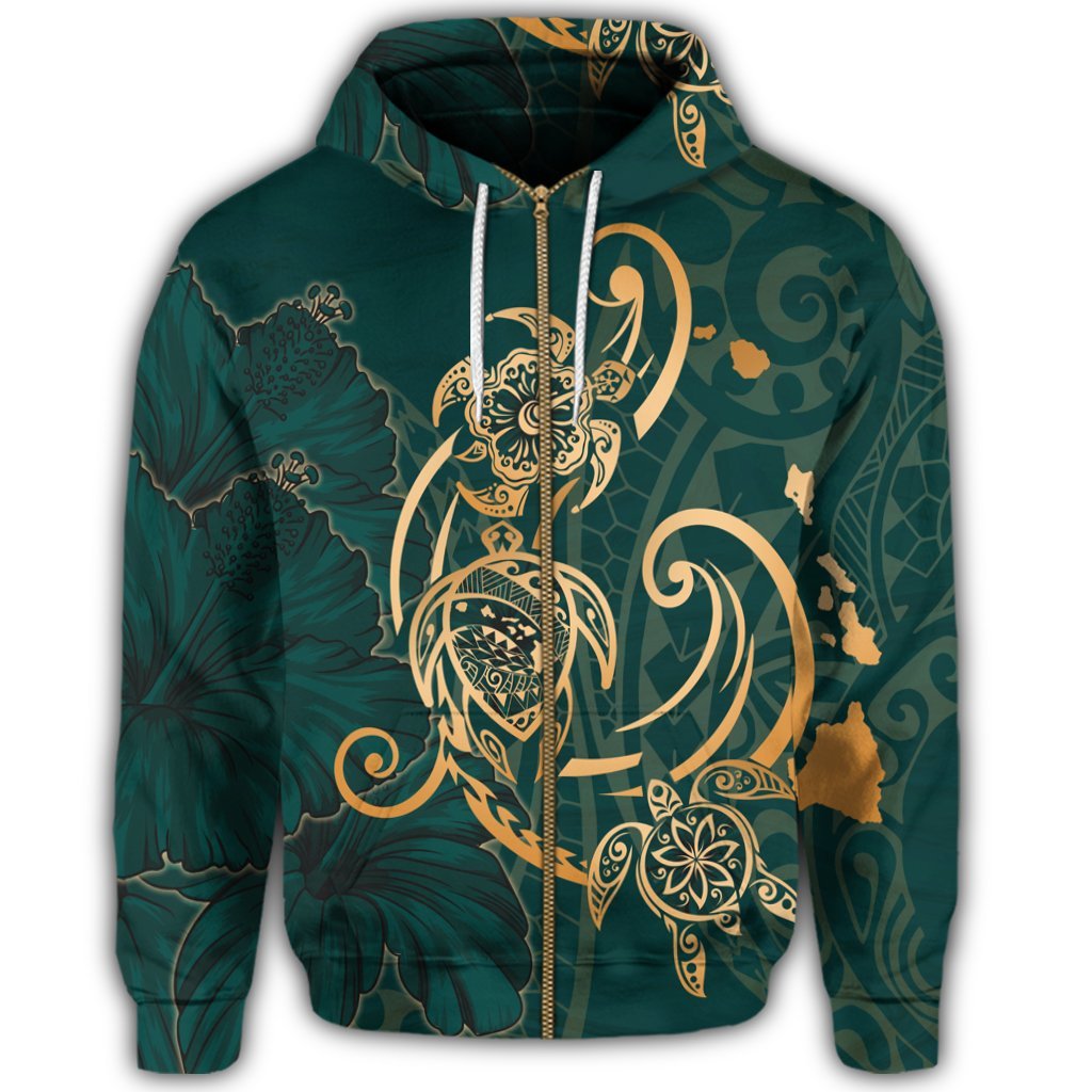 Hawaii Triple Marble Turtle Polynesian Hibiscus Zip Hoodie Benjamin Style Green - Polynesian Pride