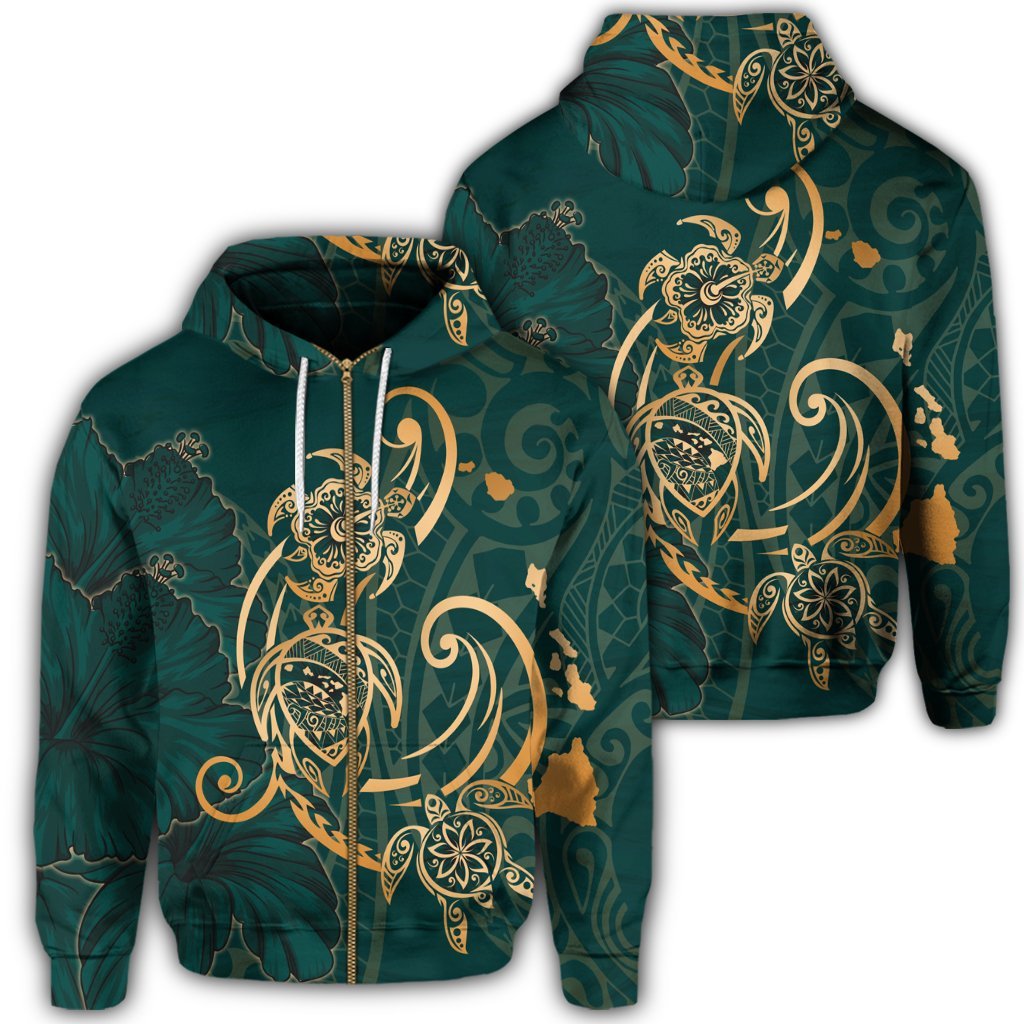 Hawaii Triple Marble Turtle Polynesian Hibiscus Zip Hoodie Benjamin Style Green Unisex Art - Polynesian Pride