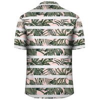 Hawaii Tropical Dark Green Leaves Seamless Pattern White Stripes Pink Background Hawaiian Shirt - Polynesian Pride
