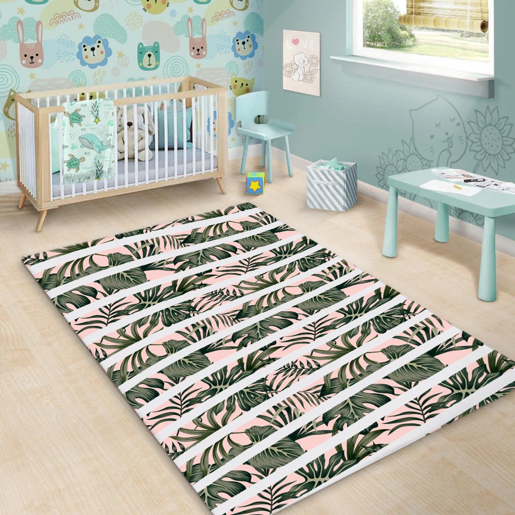 Hawaii Tropical Dark Green Leaves Seamless Pattern White Stripes Pink Background Area Rug - AH - Polynesian Pride