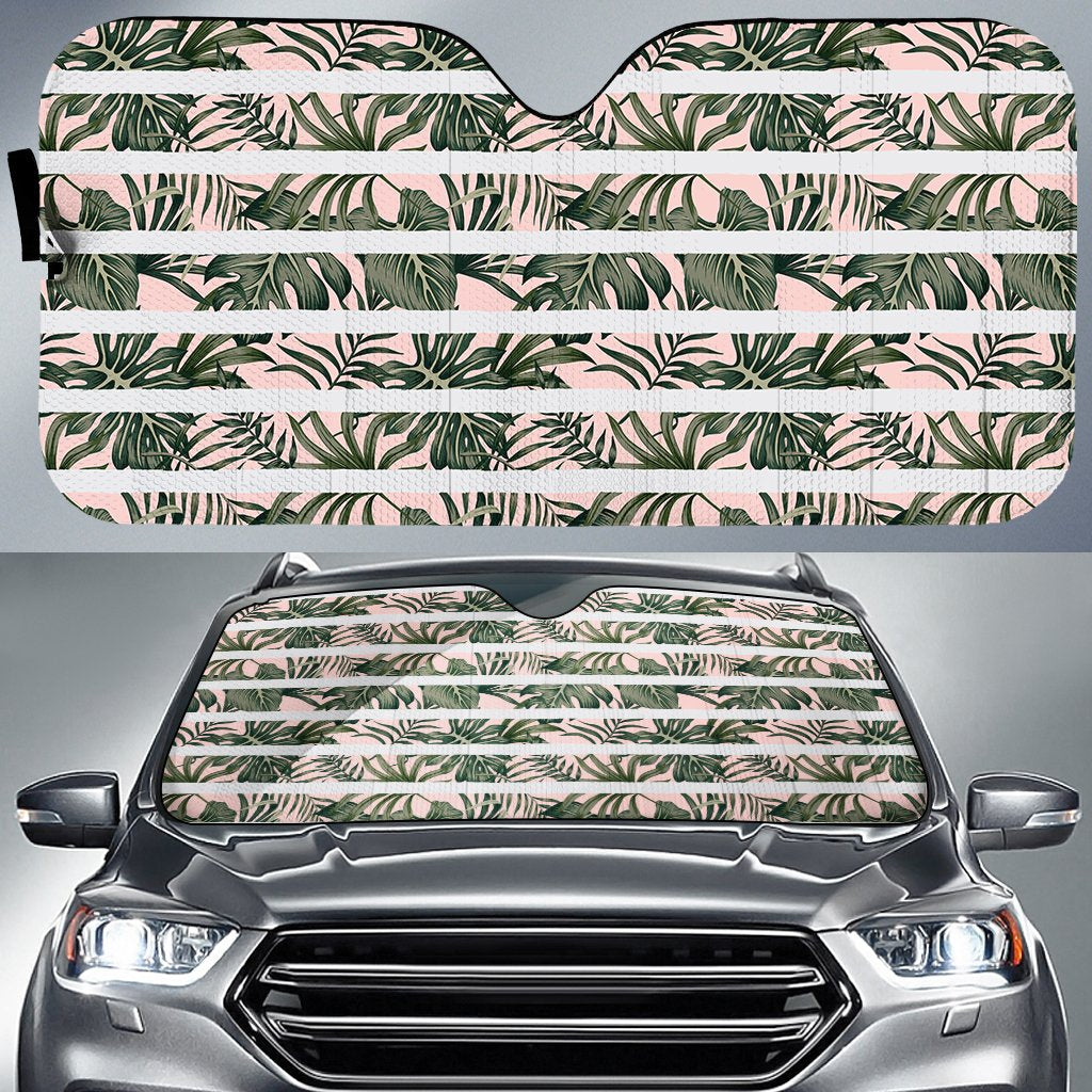 Hawaii Tropical Dark Green Leaves Seamless Pattern White Stripes Pink Background Hawaii Car Sun Shade Auto Sun Shade Universal Fit Green - Polynesian Pride