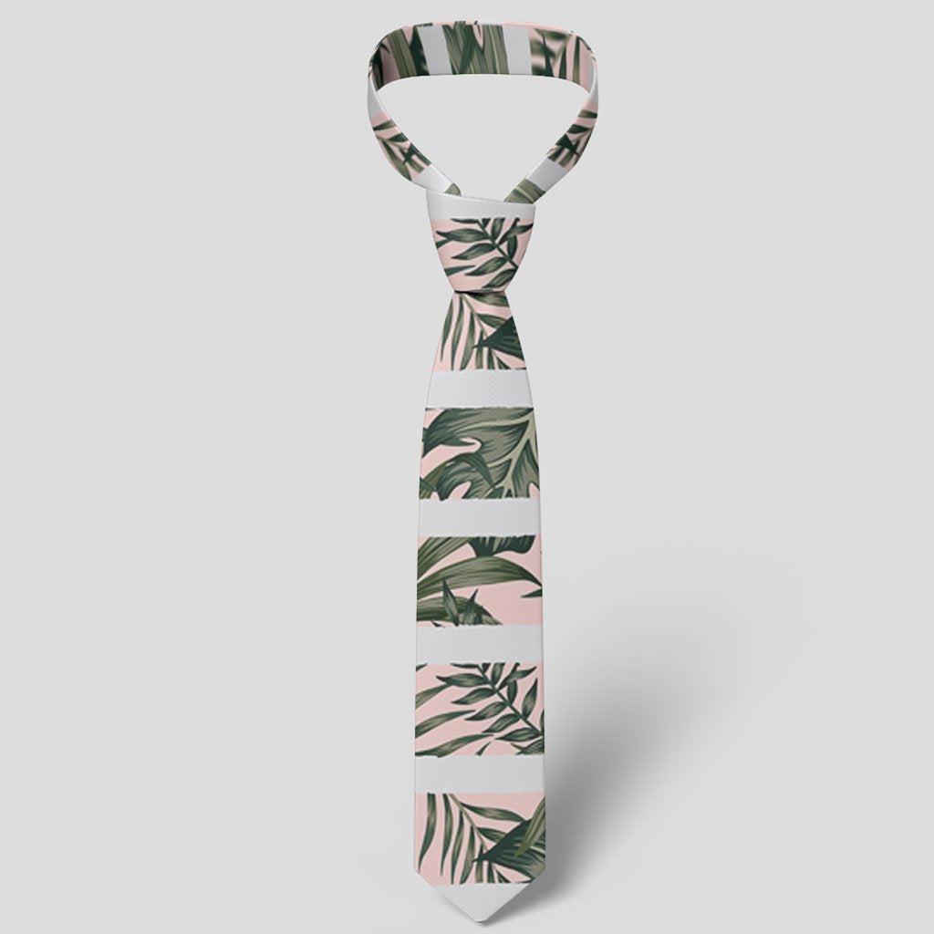 Hawaii Tropical Dark Green Leaves Seamless Pattern White Stripes Pink Background Necktie - Polynesian Pride