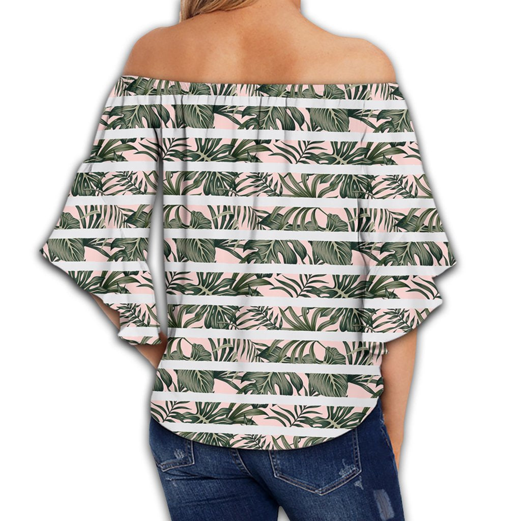Hawaii Tropical Dark Green Leaves Seamless Pattern White Stripes Pink Background Women's Off Shoulder Wrap Waist Top - AH - Polynesian Pride