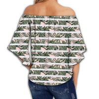 Hawaii Tropical Dark Green Leaves Seamless Pattern White Stripes Pink Background Women's Off Shoulder Wrap Waist Top - AH - Polynesian Pride
