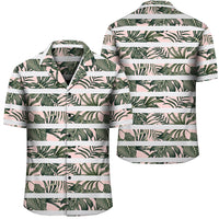 Hawaii Tropical Dark Green Leaves Seamless Pattern White Stripes Pink Background Hawaiian Shirt Unisex Black - Polynesian Pride
