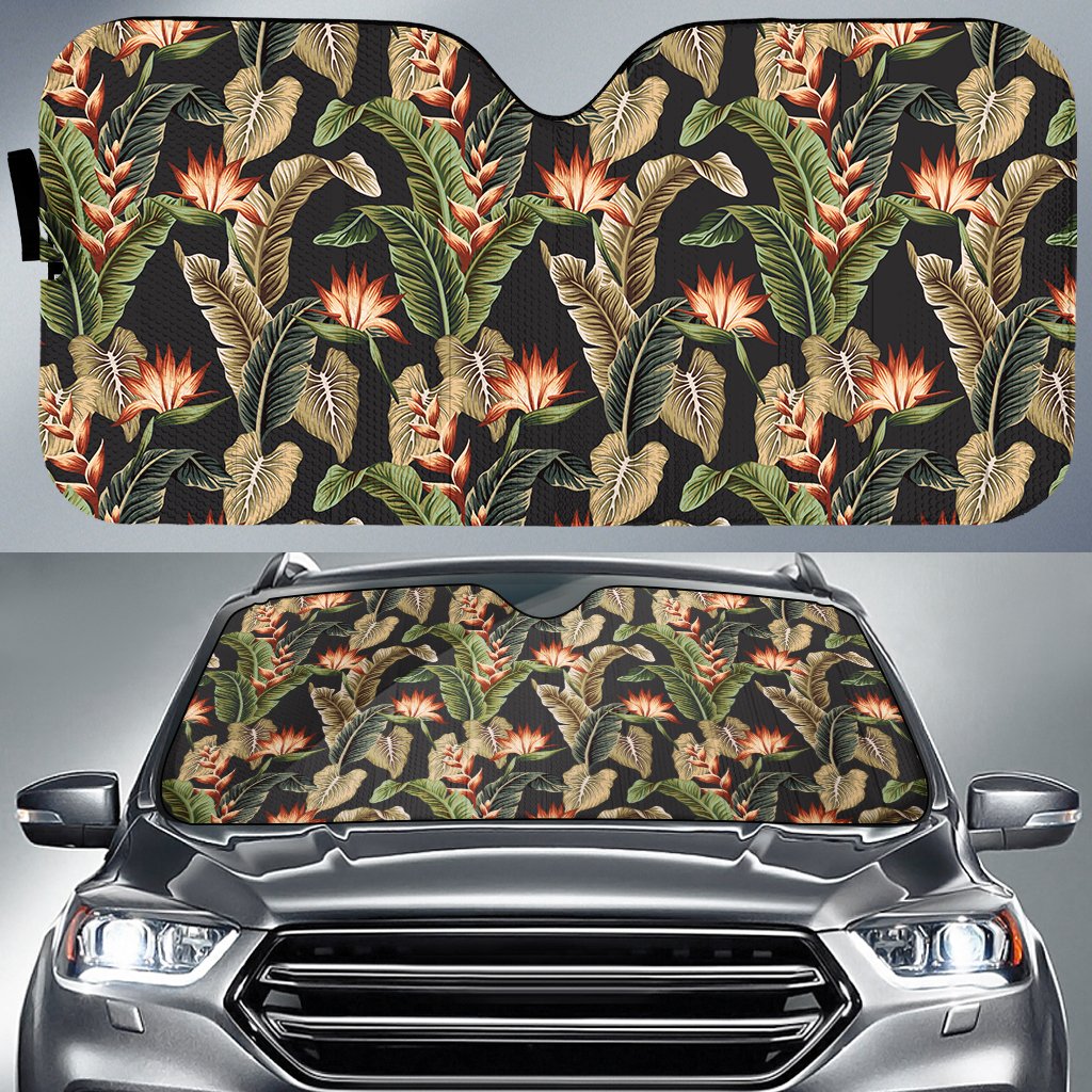 Hawaii Tropical Floral Vintage Strelitzia Flower Banana Leaves Hawaii Car Sun Shade Auto Sun Shade Universal Fit White - Polynesian Pride