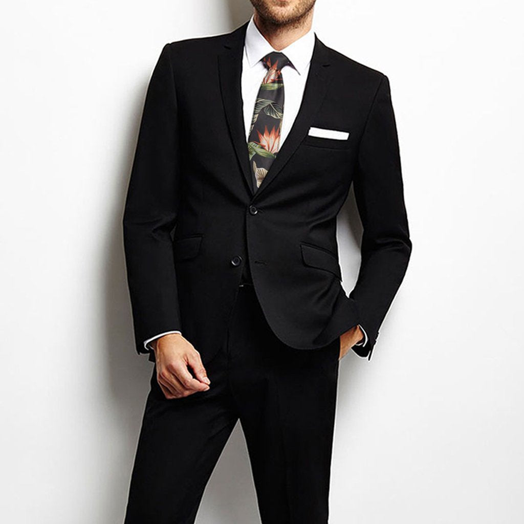 Hawaii Tropical Floral Vintage Strelitzia Flower Banana Leaves Necktie One Size Black Necktie - Polynesian Pride