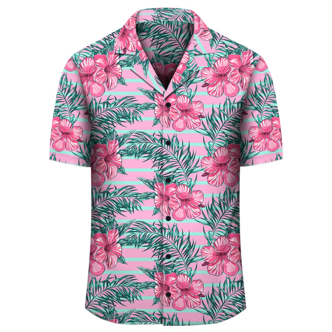 Hawaii Tropical Flowers Palm Leaves Hibiscus Strips Hawaiian Shirt - Polynesian Pride