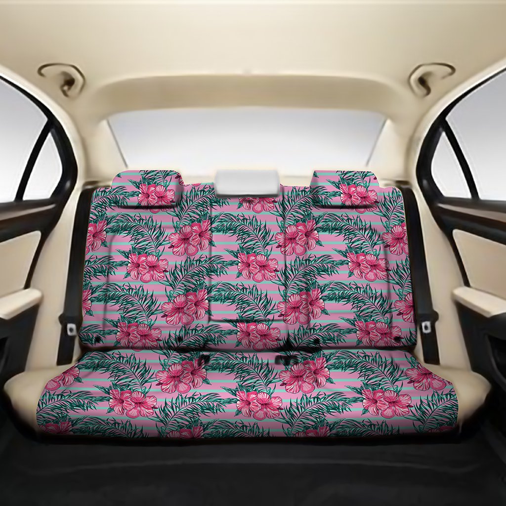 Hawaii Tropical Flowers Palm Leaves Hibiscus Strips Back Seat Cover One Size Black Back Car Seat Covers - Polynesian Pride