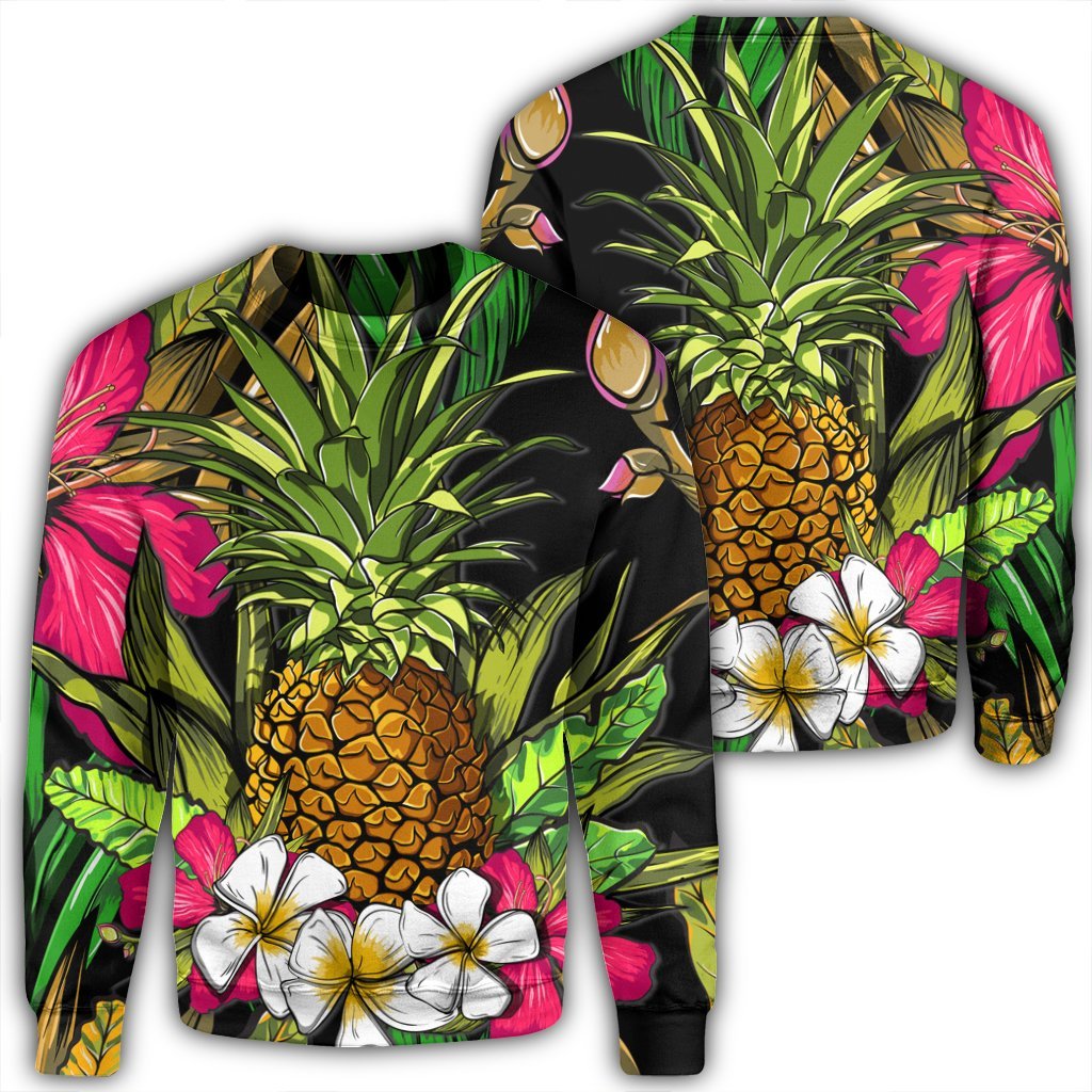 Hawaii Tropical Flowers Pineapple Sweatshirt - AH Unisex Black - Polynesian Pride