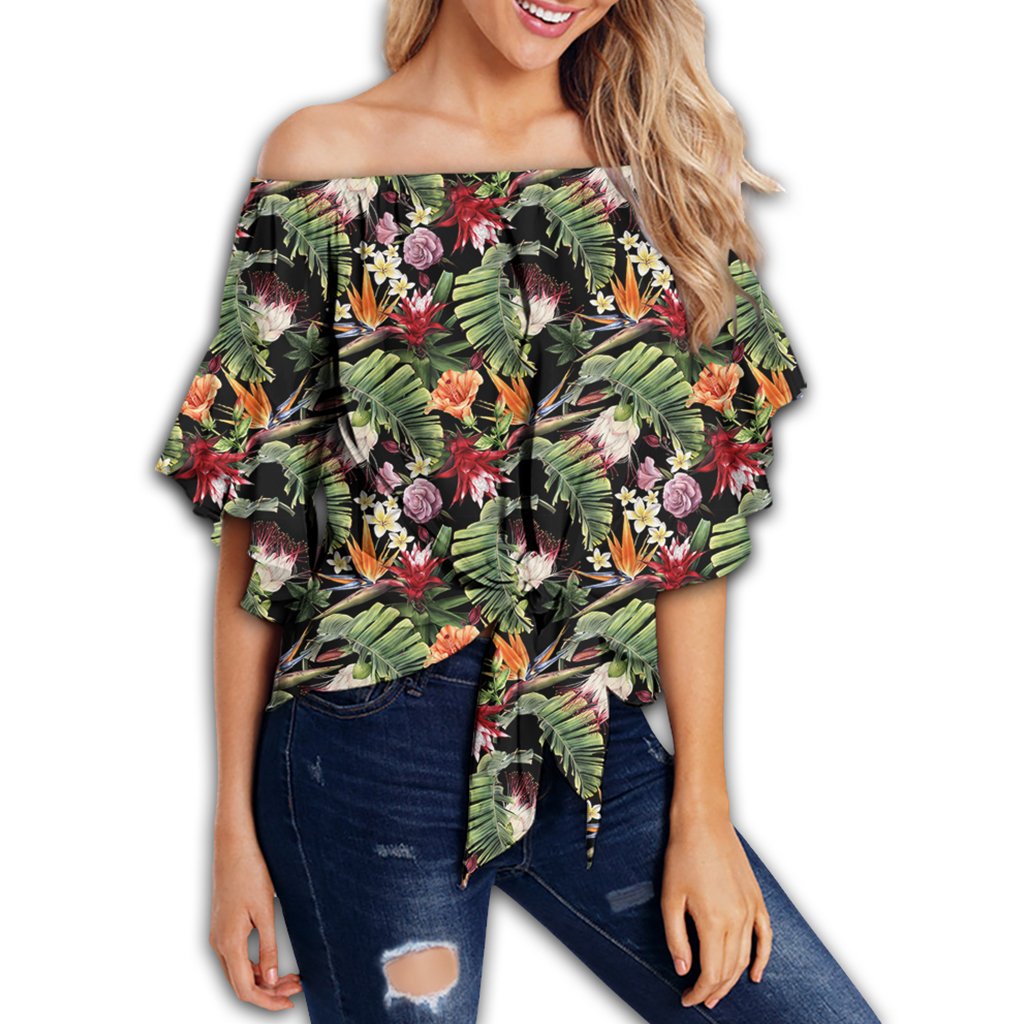 Hawaii Tropical Flowers Watercolor. Women's Off Shoulder Wrap Waist Top - AH - Polynesian Pride