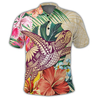 Hawaii Tropical Hibiscus Turtle Beige Polo Shirt - Polynesian Pride