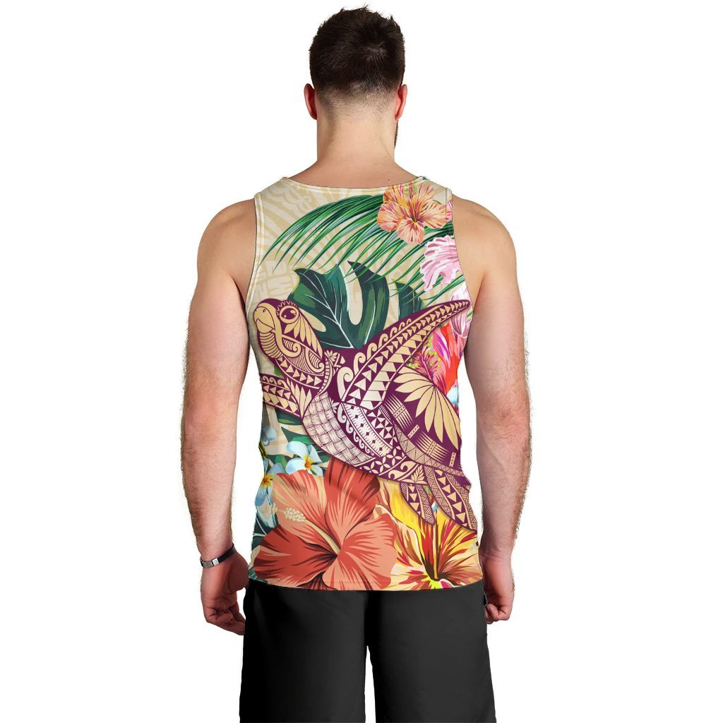 Hawaii Tropical Hibiscus Turtle Beige Tank Top - AH - Polynesian Pride