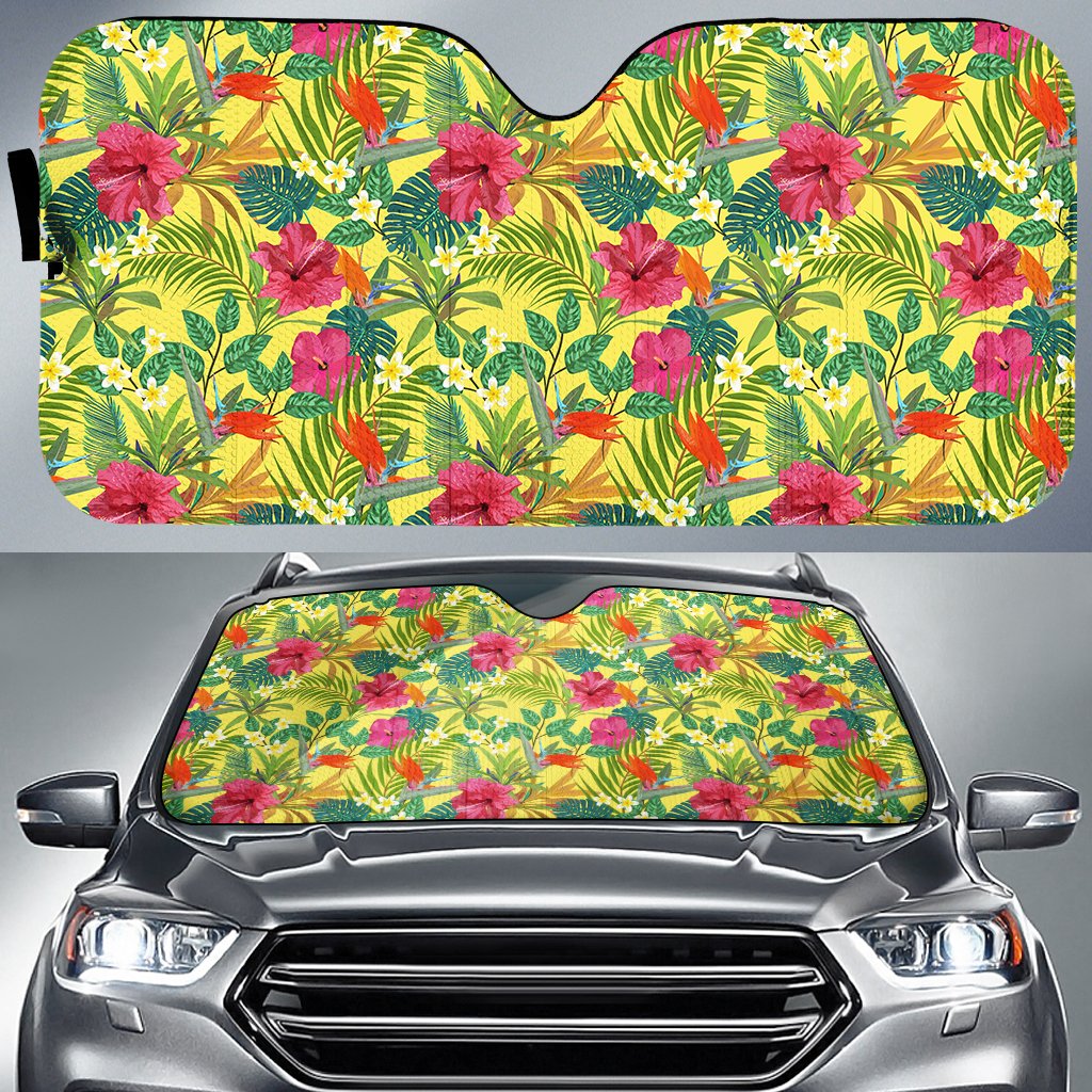 Hawaii Tropical Leaves And Flowers Hawaii Car Sun Shade Auto Sun Shade Universal Fit White - Polynesian Pride