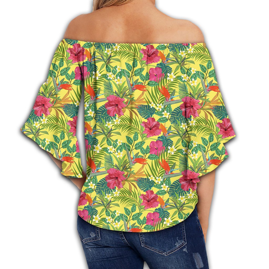 Hawaii Tropical Leaves And Flowers Women's Off Shoulder Wrap Waist Top - AH - Polynesian Pride